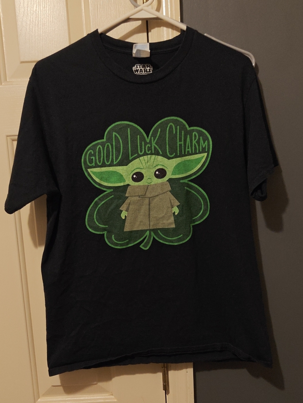 Star Wars Black Tee with Green Baby Yoda Good Luck Charm Graphic